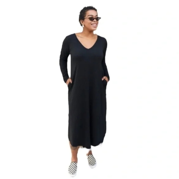 Smash + Tess Friday Dress Black Midi Long Sleeve V-Neck Bamboo Stretch Pockets - Picture 9 of 9